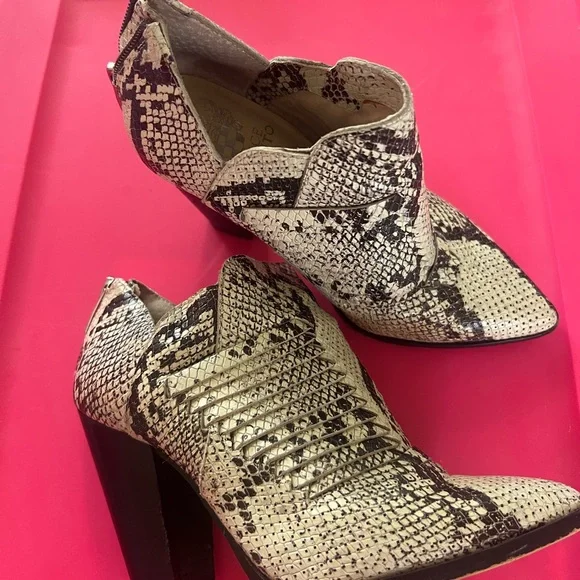 Vince Camuto White and Brown Snake-Print Pointed Ankle Booties - Picture 3 of 5